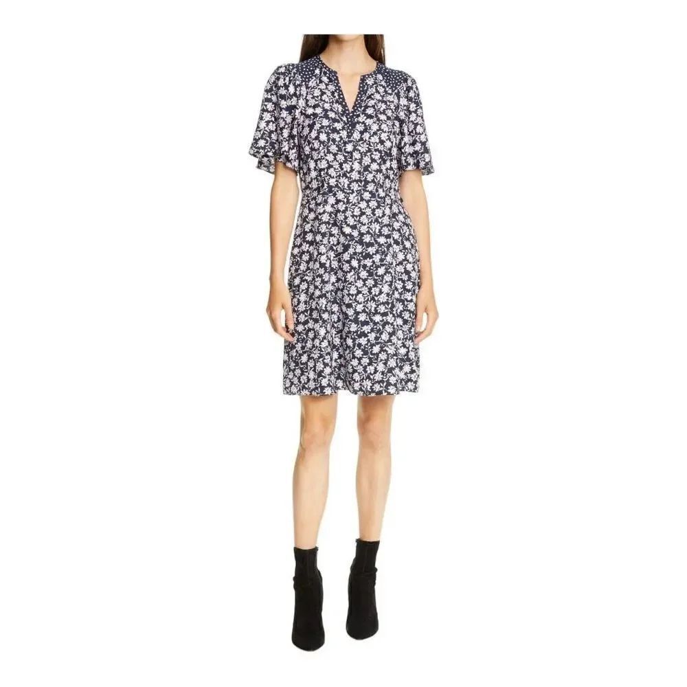 Rebecca Taylor silk blend Floral Print A-Line Dress size 00 NWT in navy comb